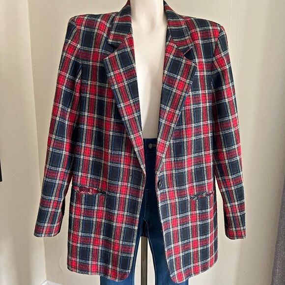 Vintage 90s Norton McNaughton Red Navy Plaid Wool Blend Blazer Jacket | Size 14 - Picture 10 of 12